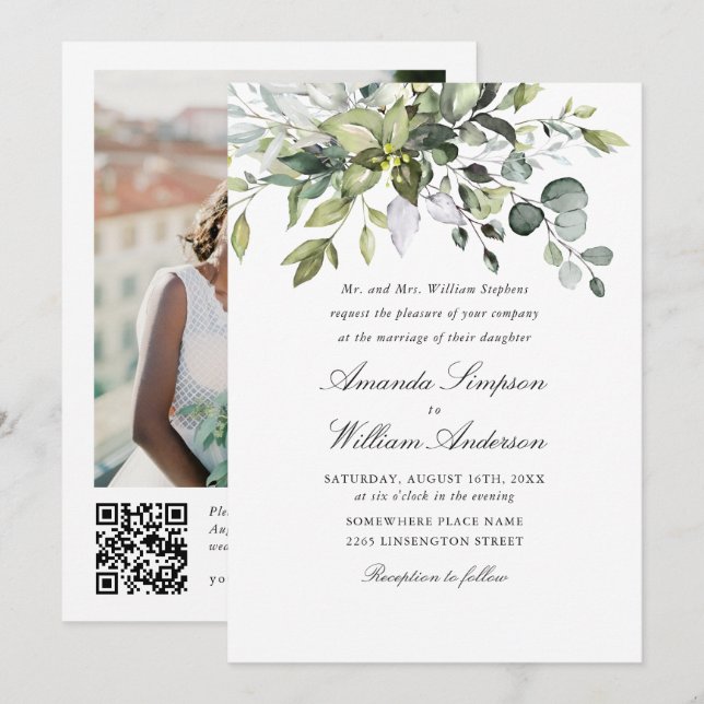 Elegante Watercolor Eucalyptus Foto QR Wedding Einladung (Vorne/Hinten)
