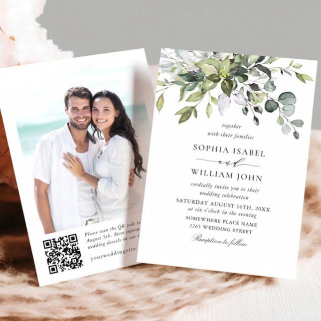 Elegante Watercolor Eucalyptus Foto QR Wedding Einladung (Von Creator hochgeladen)