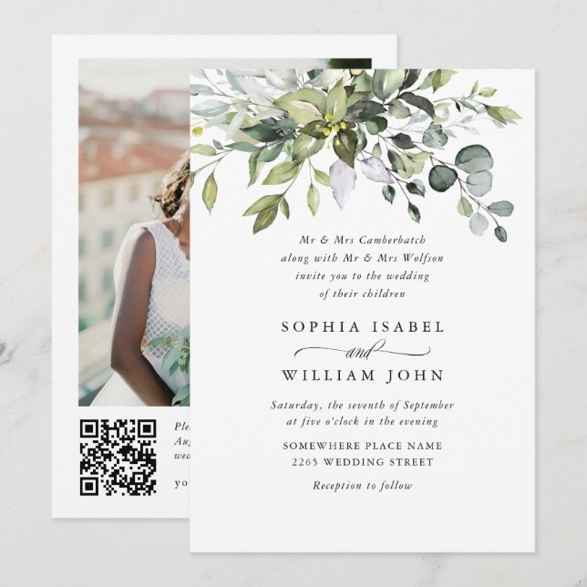 Elegante Watercolor Eucalyptus Foto QR Wedding Einladung (Vorne/Hinten)