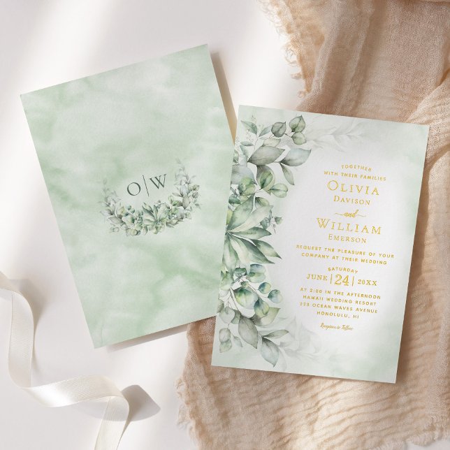 Elegante Watercolor Eucalyptus Gold Hochzeit Folieneinladung (Von Creator hochgeladen)