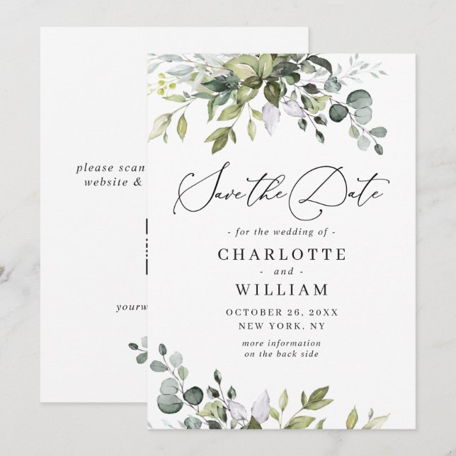 Elegante Watercolor Eucalyptus Wedding QR Code Save The Date (Vorne/Hinten)
