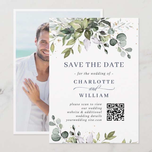 Elegante Watercolor Eucalyptus Wedding QR Code Save The Date (Vorne/Hinten)
