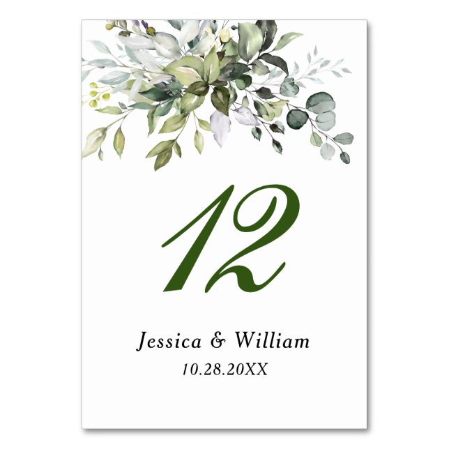 Elegante Watercolor Eucalyptus Wedding Tischnummer (Vorderseite)