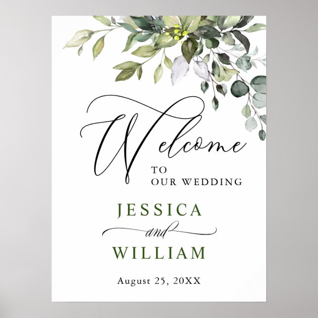Elegante Watercolor Eucalyptus Wedding Willkommen Poster (Vorne)