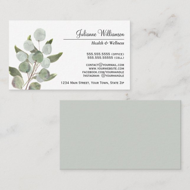 Elegante Watercolor Eukalyptus Blätter Feminine Visitenkarte (Vorne/Hinten)