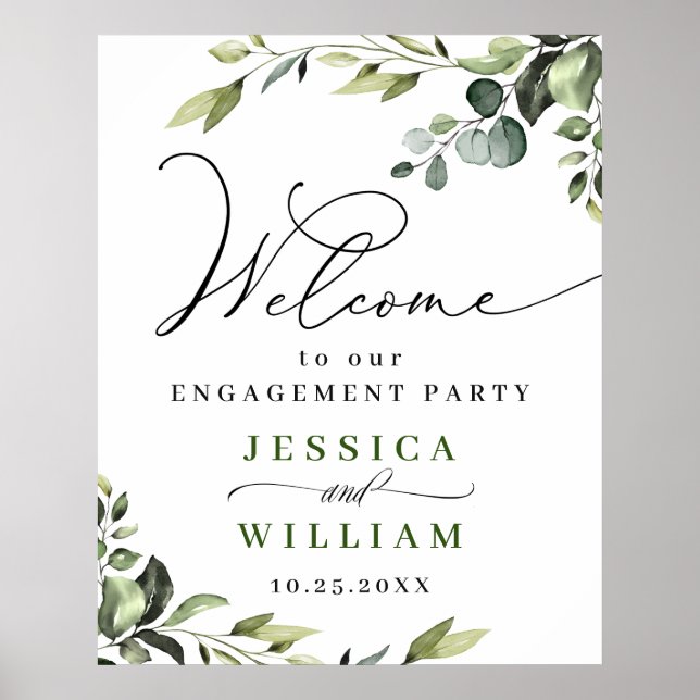 Elegante Watercolor Eukalyptus Engagement Party Poster (Vorne)