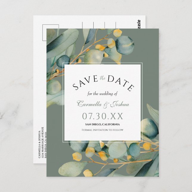 Elegante Watercolor Eukalyptus Sage Save the Date Postkarte (Vorne/Hinten)