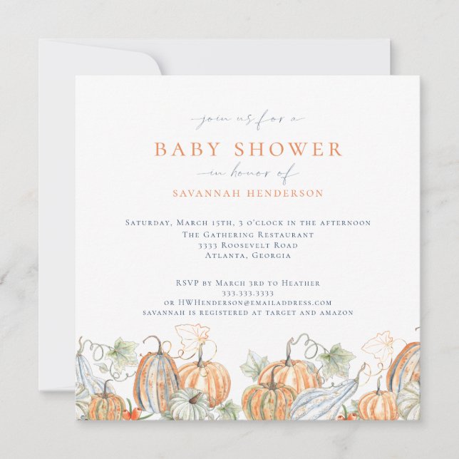 Elegante Watercolor Fall Pumpkin Baby Shower Einladung (Vorderseite)