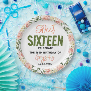 Elegante Watercolor Floral 16 . Geburtstag Pappteller