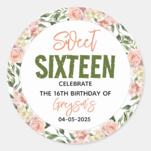 Elegante Watercolor Floral 16 . Geburtstag Runder Aufkleber