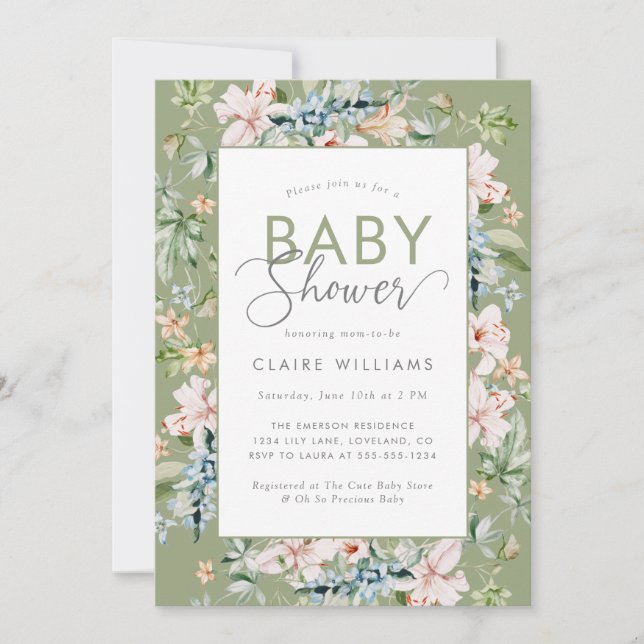 Elegante Watercolor Floral Baby Shower Einladung (Vorderseite)