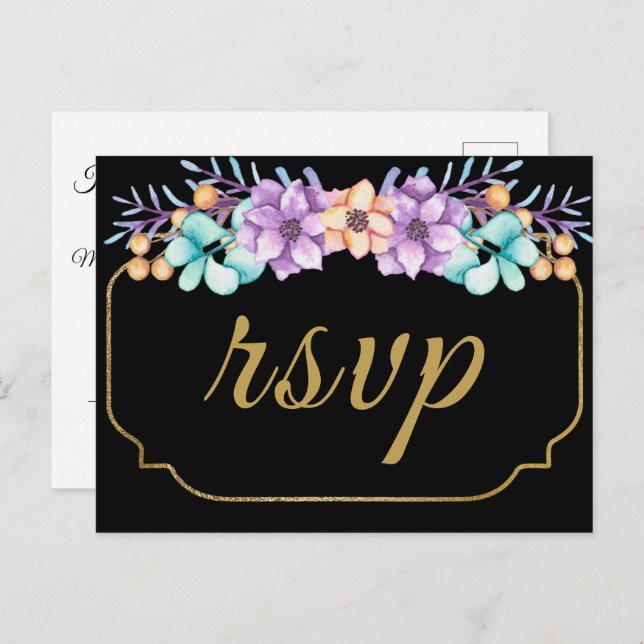 Elegante Watercolor Floral Black Wedding RSVP Postkarte (Vorne/Hinten)