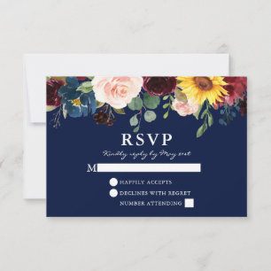 Elegante Watercolor Floral Blue Wedding RSVP Karte