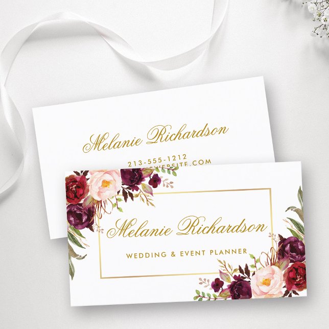 Elegante Watercolor Floral Burgund Marsala Visitenkarte (Customize to change text size, color or text style.)