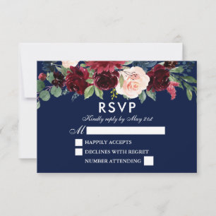 Elegante Watercolor Floral Burgundy Blue Wedding RSVP Karte