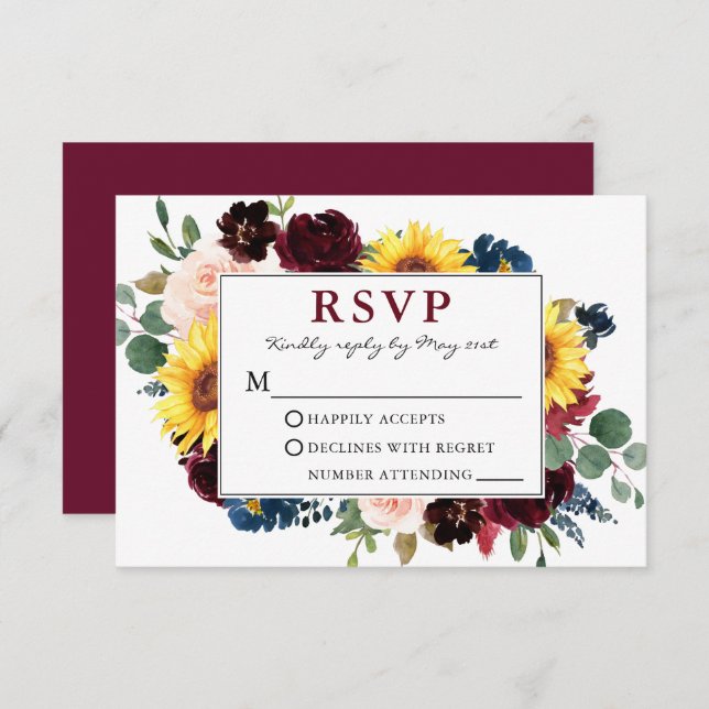 Elegante Watercolor Floral Burgundy Wedding RSVP (Vorne/Hinten)
