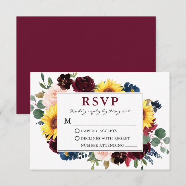 Elegante Watercolor Floral Burgundy Wedding RSVP Karte (Vorne/Hinten)