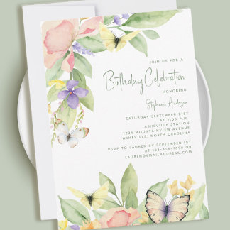 Elegante Watercolor Floral Butterfly Geburtstagspa Einladung