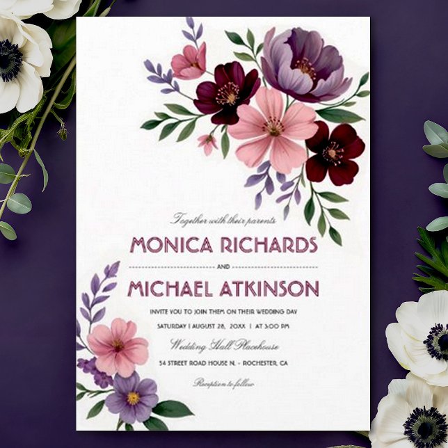 Elegante Watercolor Floral Plum Burgundy Wedding Einladung (Von Creator hochgeladen)