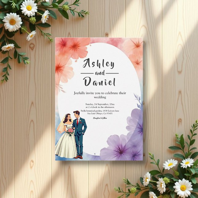 Elegante Watercolor Floral Romantische Paarhochzei Einladung (Von Creator hochgeladen)