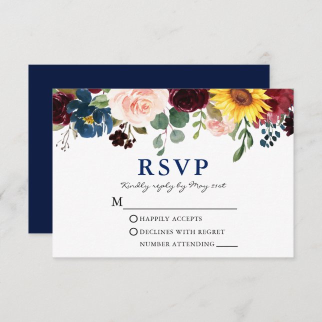 Elegante Watercolor Floral Wedding Blue RSVP Karte (Vorne/Hinten)
