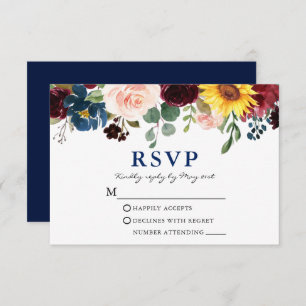 Elegante Watercolor Floral Wedding Blue RSVP Karte