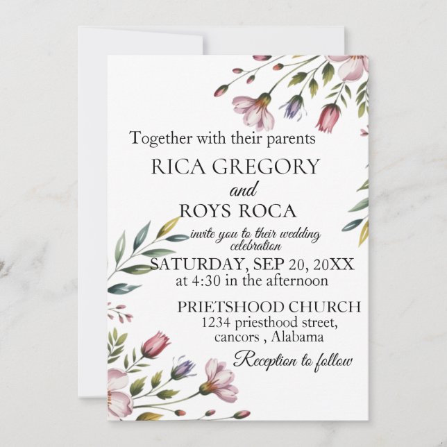 Elegante Watercolor Floral Wedding Card Einladung (Vorderseite)