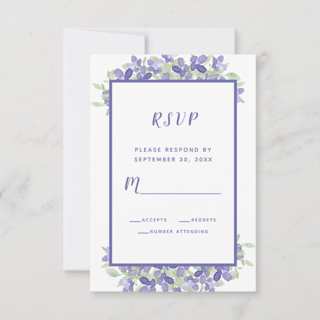 Elegante Watercolor Floral Wedding Periwinkle Blue RSVP Karte (Vorderseite)