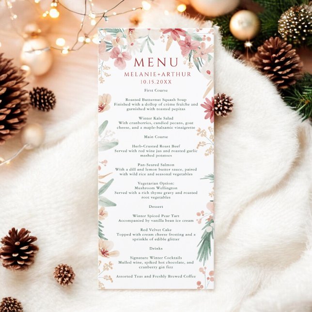 Elegante Watercolor Floral Winter Christmas Menükarte (Elegant Watercolor Floral Winter Christmas Wedding Menu)
