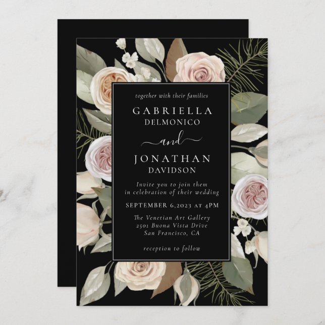 Elegante Watercolor Floral Winter Wedding Einladung (Vorne/Hinten)