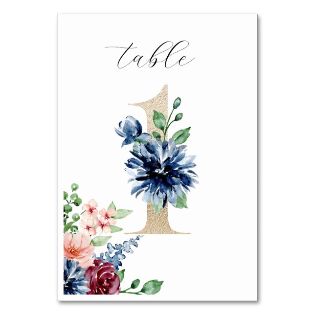 Elegante Watercolor Florals Imitate Gold Wedding 1 Tischnummer (Vorderseite)