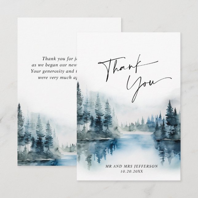 Elegante Watercolor Foggy Forest Wedding Dankeskarte (Vorne/Hinten)