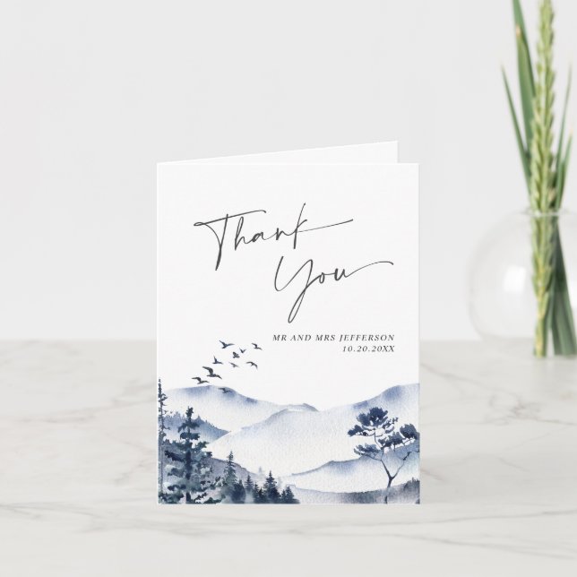 Elegante Watercolor Foggy Forest Wedding Dankeskarte (Vorderseite)