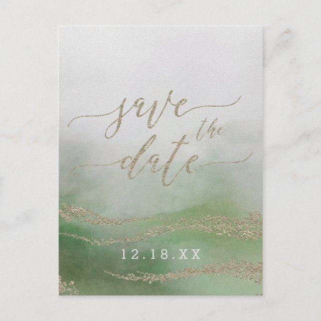 Elegante Watercolor Foliage Wedding Save the Date Ankündigungspostkarte (Vorderseite)