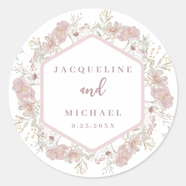 Elegante Watercolor Foral Wildblume Wedding Class Runder Aufkleber (Vorderseite)