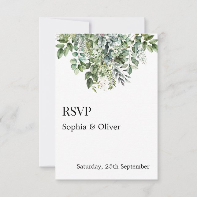 Elegante Watercolor Green Blätter Hochzeit RSVP Ca (Vorderseite)