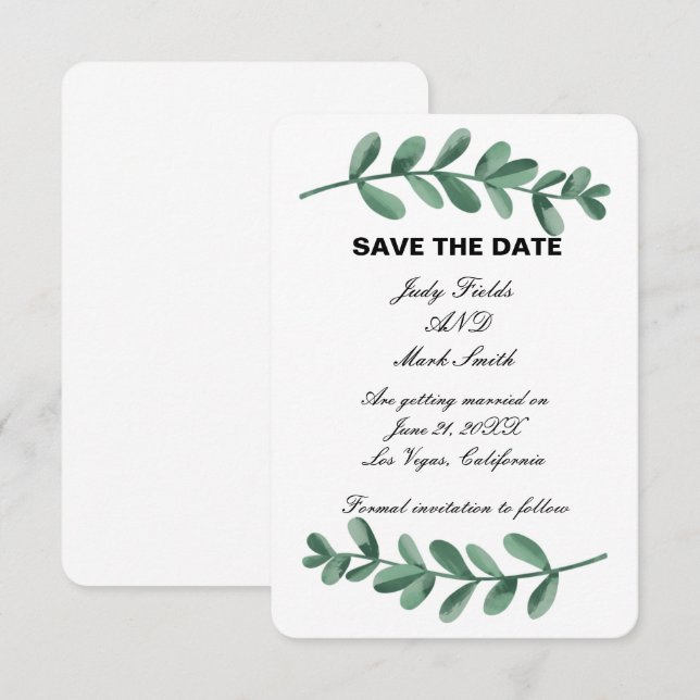 Elegante Watercolor Green Blätter Save the Date Ka (Vorne/Hinten)