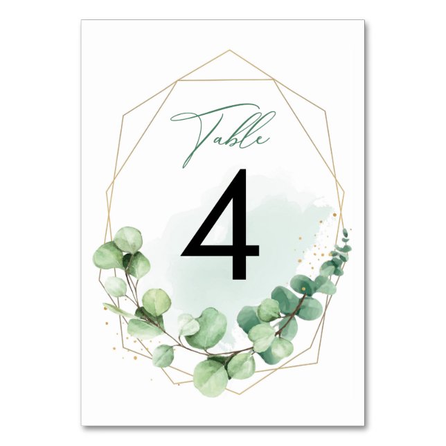 Elegante Watercolor Green Eucalyptus Wedding Tischnummer (Vorderseite)