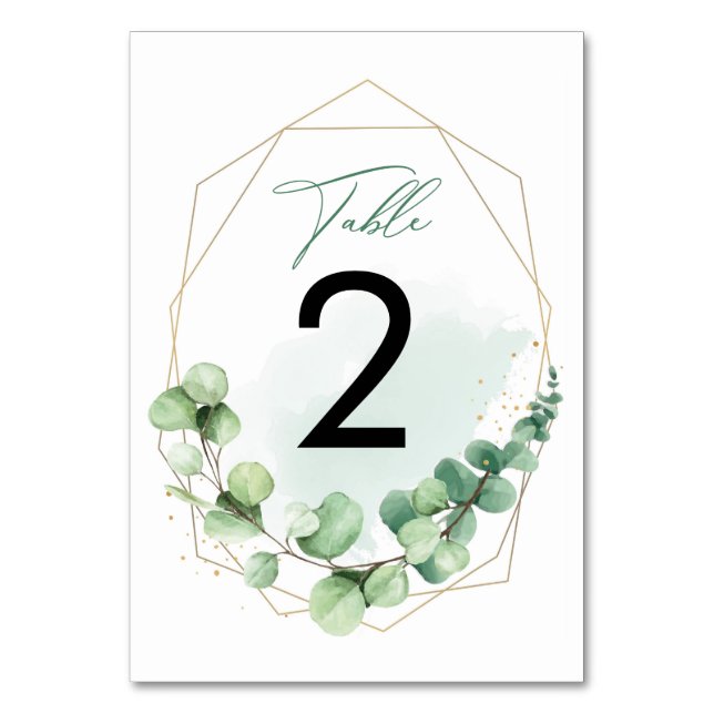 Elegante Watercolor Green Eucalyptus Wedding Tischnummer (Vorderseite)