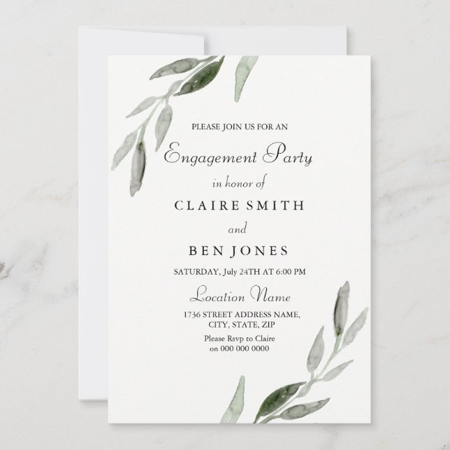 Elegante Watercolor Green Leaf Engagement Party Einladung (Vorderseite)