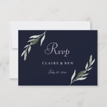 Elegante Watercolor Green Leaf Navy Wedding RSVP