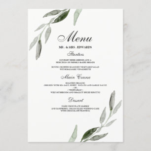 Elegante Watercolor Green Leaf Wedding Menükarte