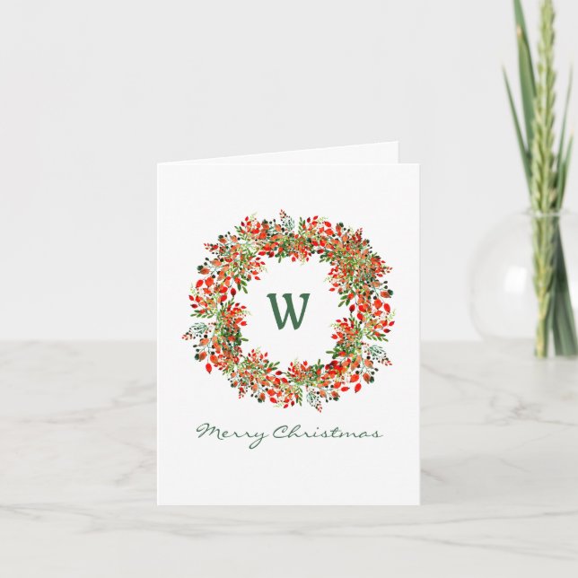 Elegante Watercolor Green Red Wreath Weihnachten (Vorderseite)