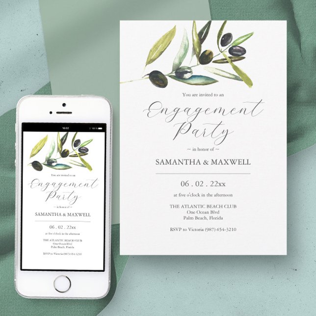 Elegante Watercolor Greenerity Engagement Party Einladung (engagement party evite botanical watercolor olive branch)