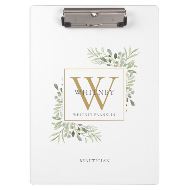 Elegante Watercolor Greenerity Gold White Monogram Klemmbrett (Vorderseite)