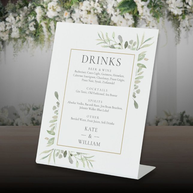 Elegante Watercolor Greenerity Wedding Drinks Menü Sockelschild (Elegant Watercolor Greenery Wedding Drinks Menu Pedestal Sign)