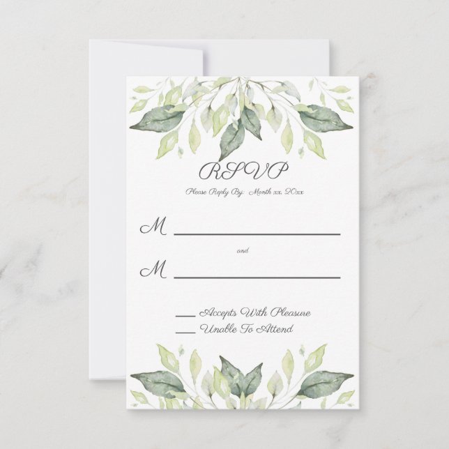 Elegante Watercolor Grüne Blätter Hochzeit RSVP Karte (Vorderseite)