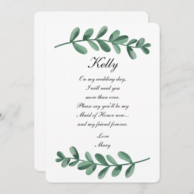 Elegante Watercolor Grüne Blätter Trauzeugin Einladung (Vorne/Hinten)