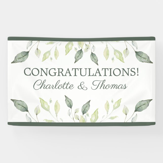 Elegante Watercolor Grüne Blätter & Trim Wedding Banner (Horizontal)