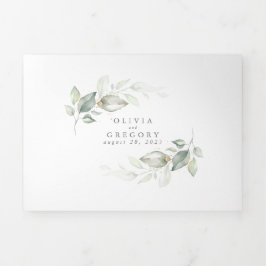 Elegante Watercolor Grüne Minimalistische Hochzeit Dreifach Gefaltete Einladung